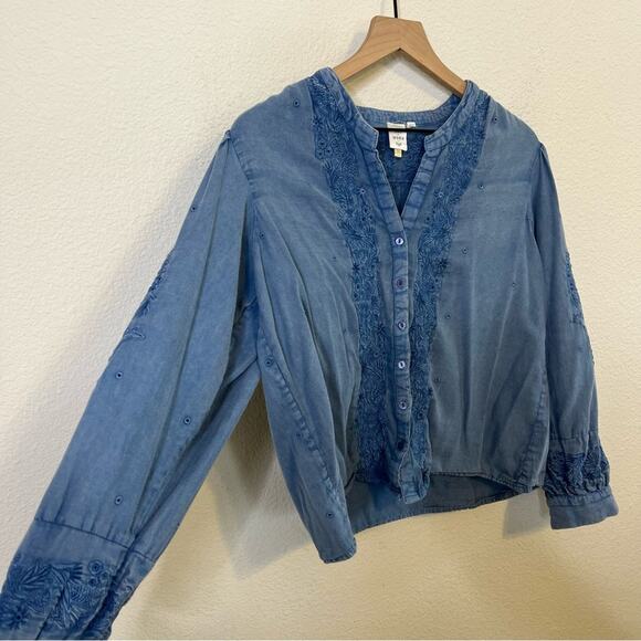 Anthropologie Seen Worn Kept Embroidered Cotton Flare-Sleeve Blouse Blue Size 4 - Picture 11 of 15